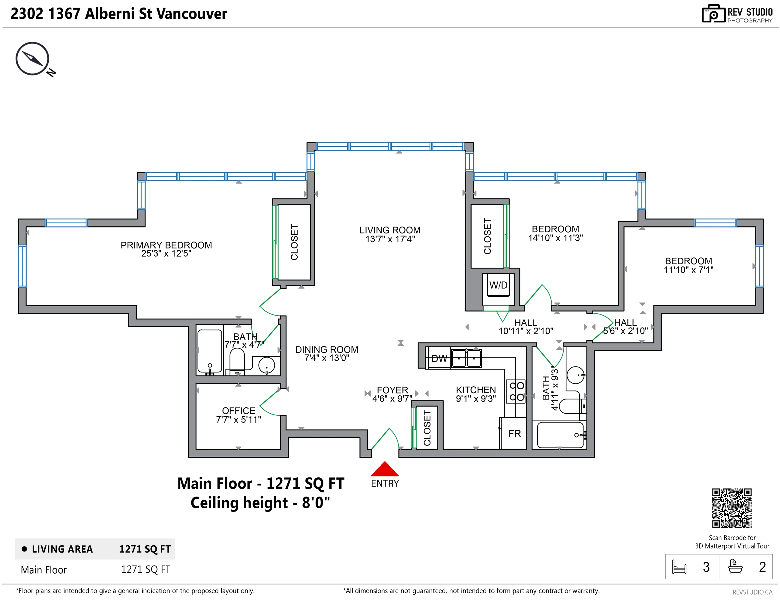 Floor plan of 2302-1367 Alberni Street: the foyer, the dining room, the living room and the kitchen in the middle; the primary bedroom, a bathroom and the office to the left; two bedrooms, the second bathroom and the washer and dryer to the right, off a hall